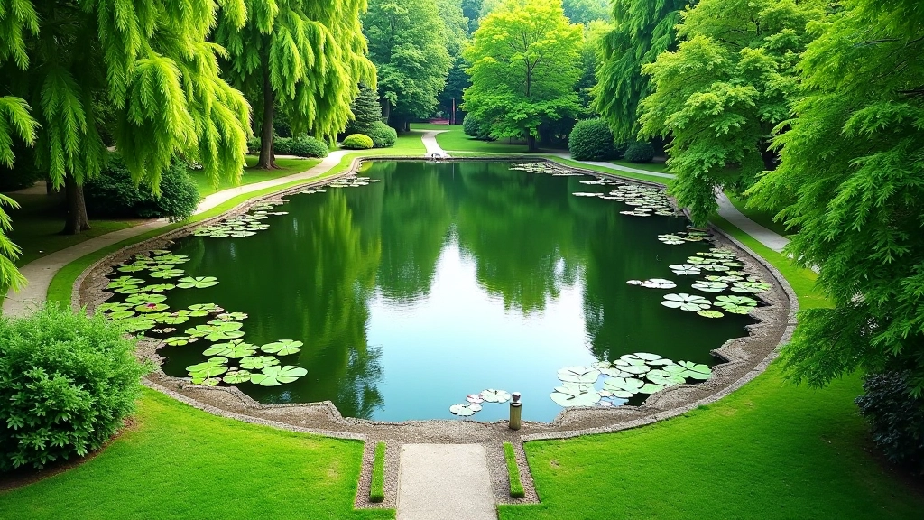 Tvenkinys iš aukšto žiūrint, su keliais aplinkui ir žaliomis medžių šešėliavimais